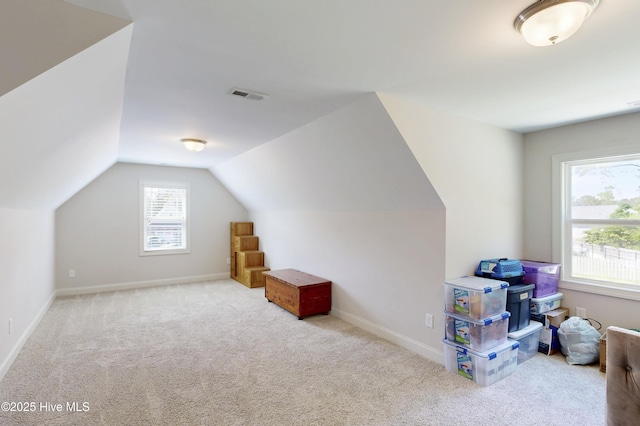 additional living space featuring carpet flooring, lofted ceiling, and baseboards