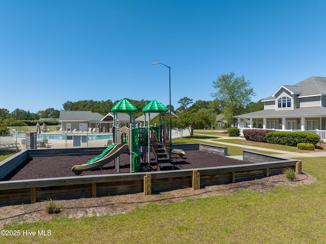 community playground with a community pool