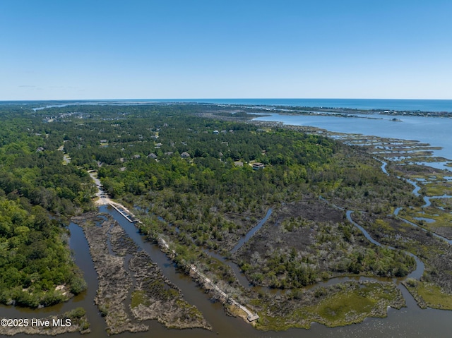 aerial view of property's location with a large body of water and a forest