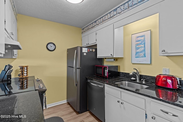 kitchen with stainless steel appliances, a sink, under cabinet range hood, light wood-type flooring, and white cabinetry