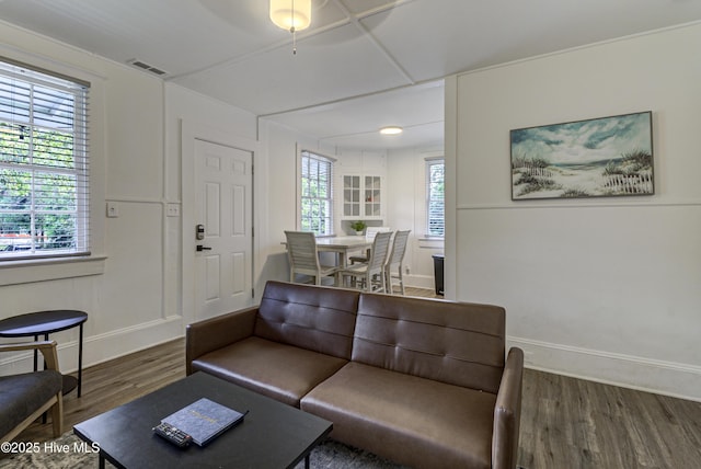 living room featuring wood finished floors, plenty of natural light, and baseboards