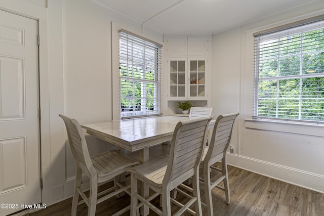 dining space featuring wood finished floors, plenty of natural light, and baseboards