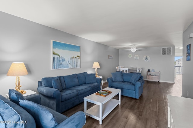 608 Carolina Beach Ave N Unit 3C, Carolina Beach, NC 28428 - living room with ceiling fan, dark wood-type flooring, and baseboards