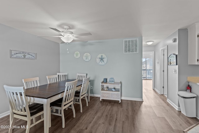 608 Carolina Beach Ave N Unit 3C, Carolina Beach, NC 28428 - dining room featuring wood finished floors, a ceiling fan, and baseboards