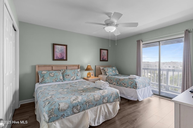 608 Carolina Beach Ave N Unit 3C, Carolina Beach, NC 28428 - bedroom with access to outside, wood finished floors, a closet, and a ceiling fan
