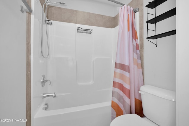 full bath featuring toilet and shower / bath combo with shower curtain