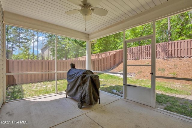 view of patio / terrace featuring a fenced backyard and ceiling fan