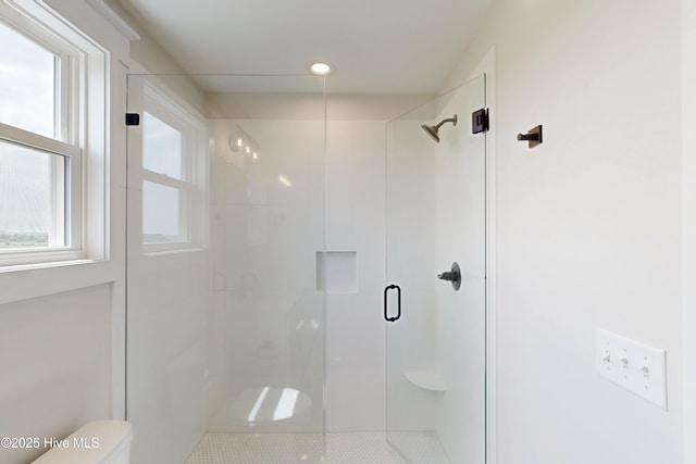 130 Sea Oaks Ct, North Topsail Beach, NC 28460 - full bathroom featuring a shower stall, toilet, recessed lighting, and tile patterned floors