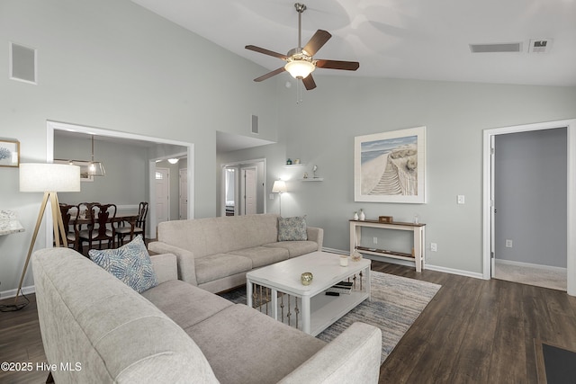 7810 Olde Pond Rd, Wilmington, NC 28411 - living area featuring ceiling fan, wood finished floors, high vaulted ceiling, and baseboards