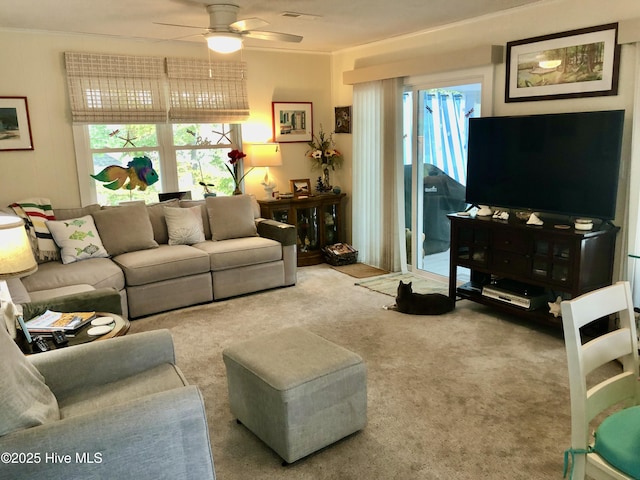 129 NE 36th St, Oak Island, NC 28465 - carpeted living area featuring a ceiling fan and crown molding