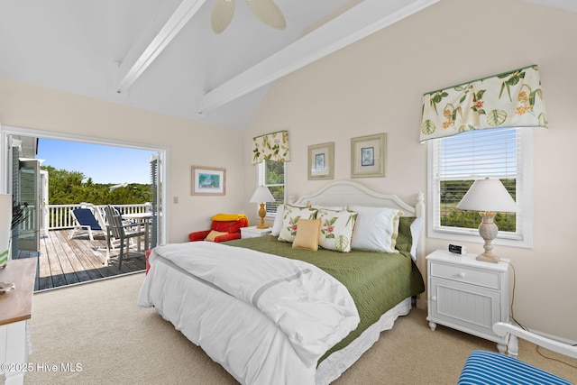 bedroom with access to exterior, carpet floors, vaulted ceiling, and a ceiling fan
