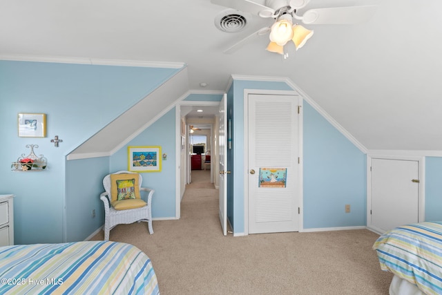 carpeted bedroom with lofted ceiling, ceiling fan, and baseboards