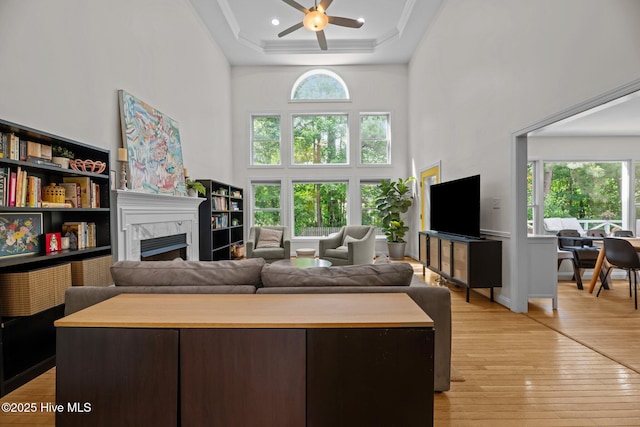 1005 Cambridge Ct, Trent Woods, NC 28562 - living room with a high ceiling, a fireplace, ceiling fan, light wood-type flooring, and ornamental molding