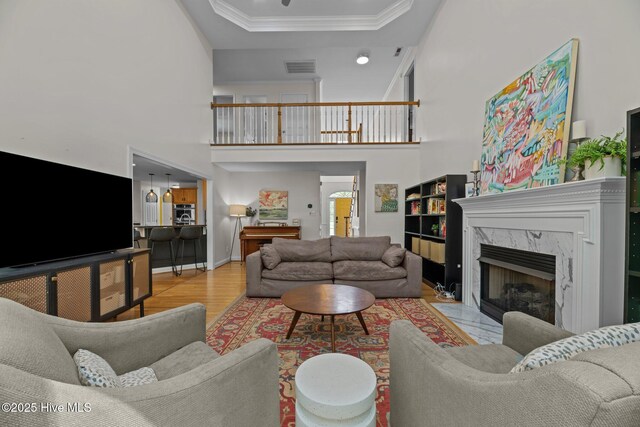 1005 Cambridge Ct, Trent Woods, NC 28562 - living area with a fireplace, crown molding, wood finished floors, and a tray ceiling