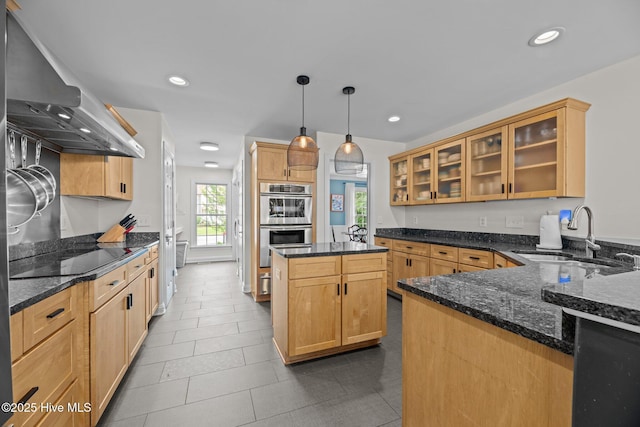 1005 Cambridge Ct, Trent Woods, NC 28562 - kitchen featuring a sink, black electric stovetop, double oven, dark stone countertops, and recessed lighting