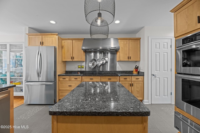 1005 Cambridge Ct, Trent Woods, NC 28562 - kitchen with appliances with stainless steel finishes, wall chimney exhaust hood, a center island, a warming drawer, and dark stone countertops