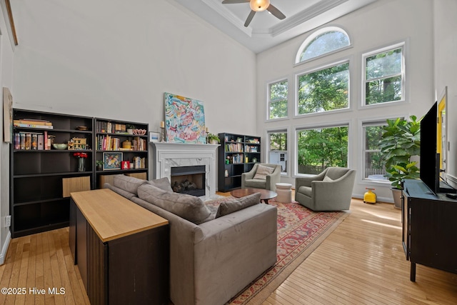 1005 Cambridge Ct, Trent Woods, NC 28562 - living room with a towering ceiling, a premium fireplace, light wood-type flooring, ceiling fan, and ornamental molding