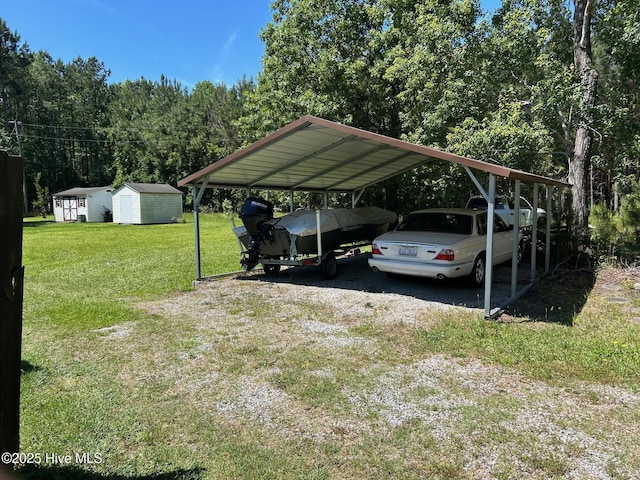 view of parking / parking lot featuring a shed, a detached carport, and driveway