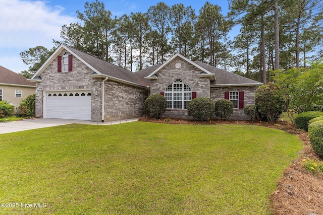 view of front of home with brick siding, driveway, a front yard, and roof with shingles