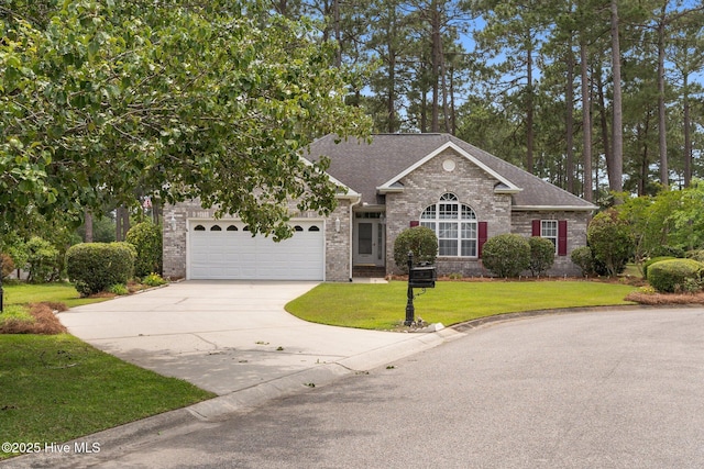 view of front of property with brick siding, driveway, a shingled roof, an attached garage, and a front lawn