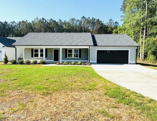 single story home featuring covered porch, a garage, a front yard, driveway, and a shingled roof