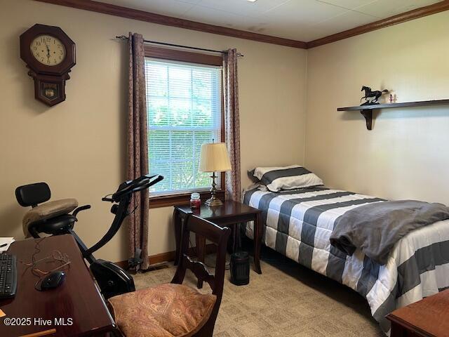 8019 W Tarboro Rd, Rocky Mount, NC 27803 - bedroom with light carpet and ornamental molding