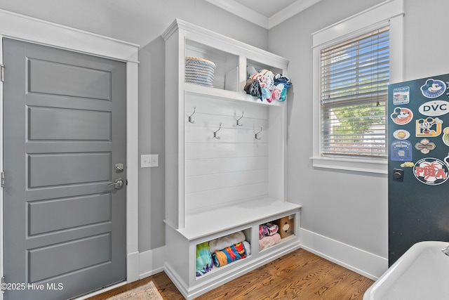 212 Cornubia Dr, Castle Hayne, NC 28429 - mudroom with wood finished floors and ornamental molding