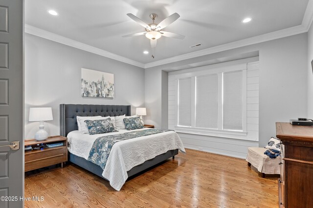 212 Cornubia Dr, Castle Hayne, NC 28429 - bedroom featuring wood finished floors, recessed lighting, crown molding, and ceiling fan