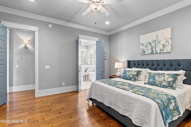 212 Cornubia Dr, Castle Hayne, NC 28429 - bedroom with recessed lighting, wood finished floors, crown molding, ensuite bathroom, and a ceiling fan