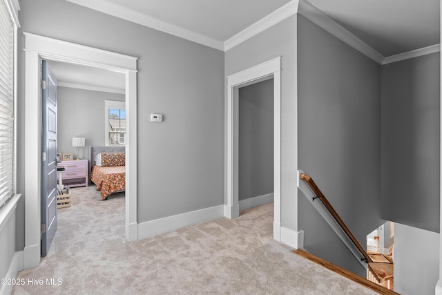 212 Cornubia Dr, Castle Hayne, NC 28429 - corridor with an upstairs landing, carpet, and crown molding