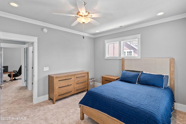 212 Cornubia Dr, Castle Hayne, NC 28429 - bedroom with crown molding, light colored carpet, recessed lighting, an office area, and ceiling fan