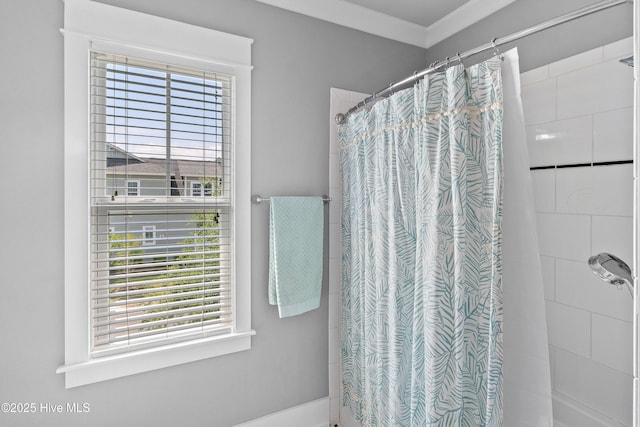 212 Cornubia Dr, Castle Hayne, NC 28429 - full bathroom with plenty of natural light, a shower with shower curtain, and ornamental molding