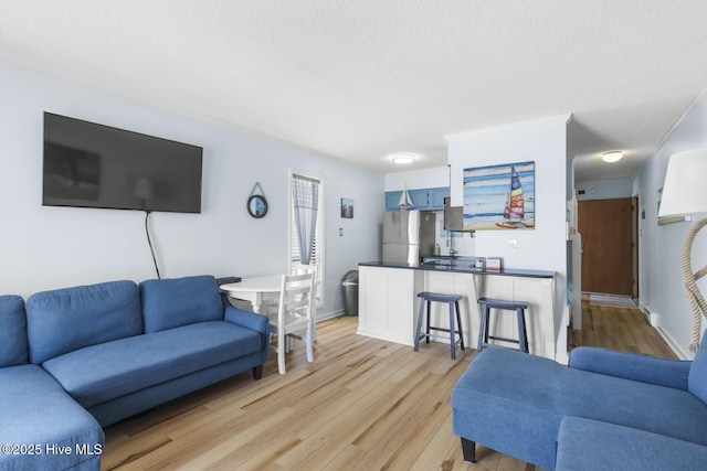 living room with light wood-type flooring and a textured ceiling