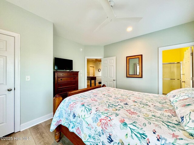 4388 Island Dr, North Topsail Beach, NC 28460 - bedroom featuring wood finished floors, baseboards, recessed lighting, and a ceiling fan