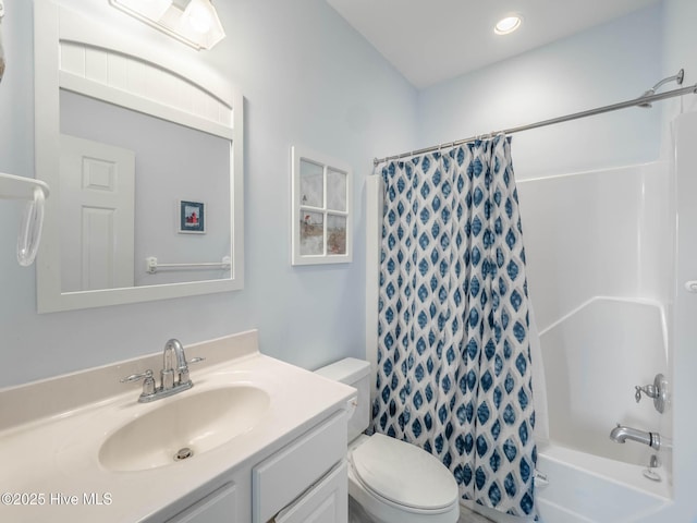 4388 Island Dr, North Topsail Beach, NC 28460 - full bath with toilet, vanity, shower / tub combo with curtain, and recessed lighting