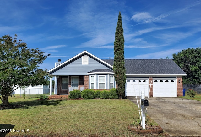 view of front of house featuring brick siding, concrete driveway, an attached garage, and covered porch