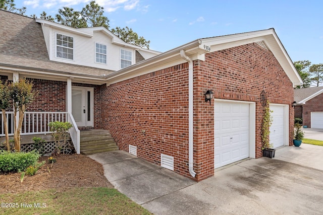 view of front of property featuring brick siding, concrete driveway, an attached garage, and a shingled roof
