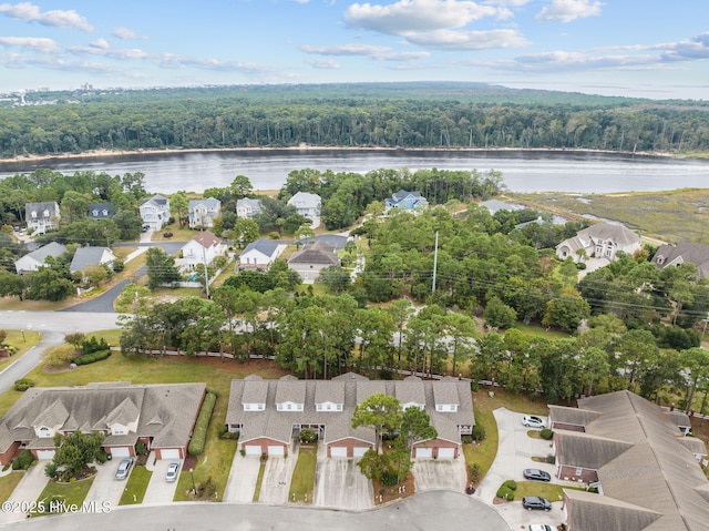 aerial view of residential area featuring a heavily wooded area and a large body of water
