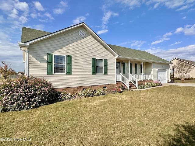 207 Rhonda Rd, Elizabeth City, NC 27909 - ranch-style home with covered porch, an attached garage, a front yard, concrete driveway, and a shingled roof
