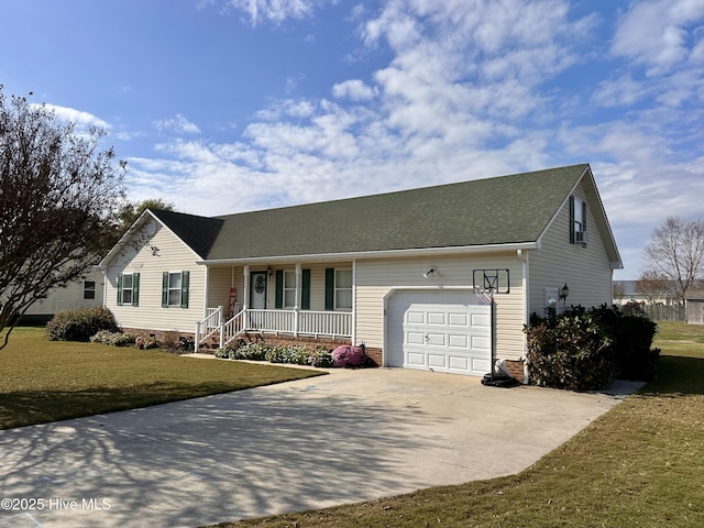 207 Rhonda Rd, Elizabeth City, NC 27909 - view of front of house featuring a porch, an attached garage, a front lawn, concrete driveway, and a shingled roof