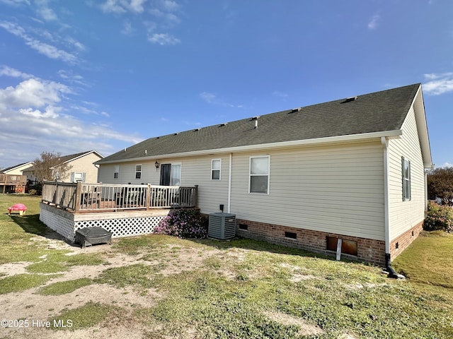 207 Rhonda Rd, Elizabeth City, NC 27909 - back of house featuring crawl space, a wooden deck, cooling unit, a lawn, and roof with shingles