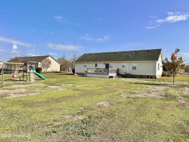 207 Rhonda Rd, Elizabeth City, NC 27909 - back of house featuring a playground, a yard, a deck, crawl space, and a shingled roof