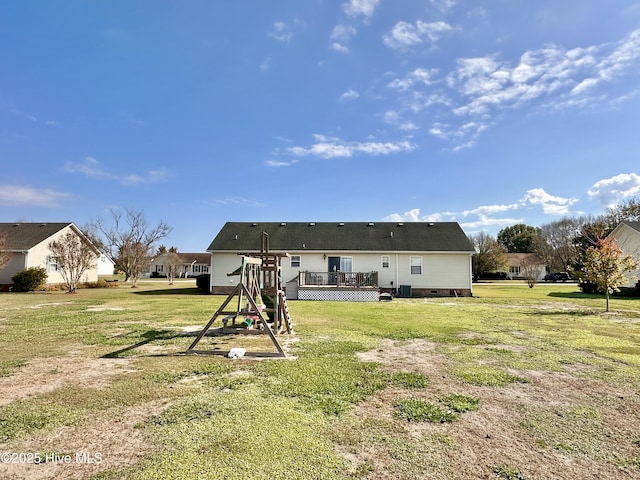 207 Rhonda Rd, Elizabeth City, NC 27909 - rear view of house with a wooden deck, a lawn, a playground, and crawl space