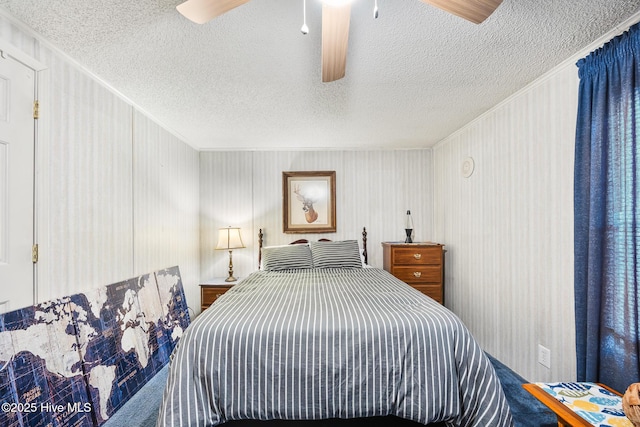 366 Ampersand Rd, Aberdeen, NC 28315 - bedroom with ornamental molding, a textured ceiling, and a ceiling fan