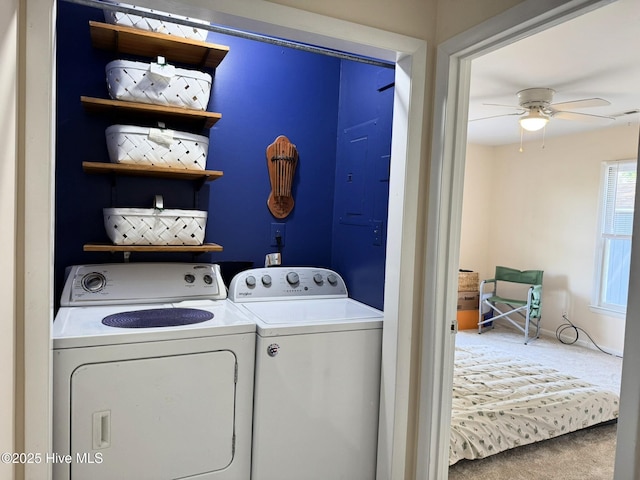 3306 E Oak Island Dr, Oak Island, NC 28465 - washroom with washing machine and dryer, carpet flooring, and a ceiling fan