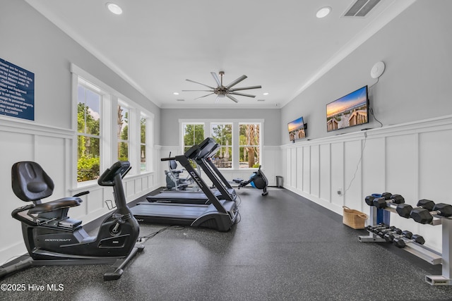 1961 Indigo Cove Way, Calabash, NC 28467 - workout room featuring ornamental molding, a decorative wall, a wainscoted wall, and ceiling fan