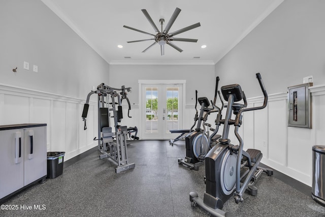 1961 Indigo Cove Way, Calabash, NC 28467 - exercise room with electric panel, a decorative wall, french doors, ornamental molding, and a ceiling fan