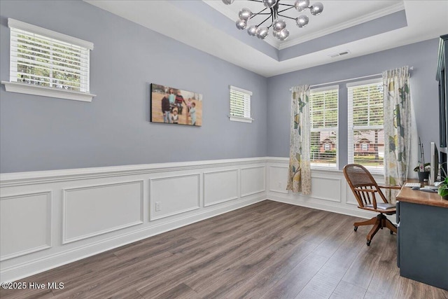 145 Cabin Branch Dr, Carthage, NC 28327 - office featuring crown molding, a raised ceiling, a chandelier, dark wood-type flooring, and wainscoting
