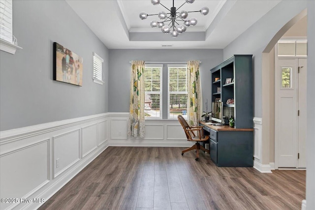 145 Cabin Branch Dr, Carthage, NC 28327 - office with a tray ceiling, dark wood-style flooring, arched walkways, a chandelier, and wainscoting
