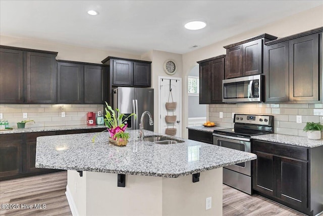 145 Cabin Branch Dr, Carthage, NC 28327 - kitchen with stainless steel appliances, a sink, light wood-style floors, decorative backsplash, and recessed lighting